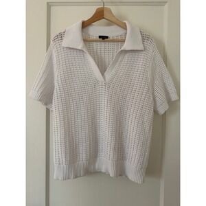 Talbots White Open Knit Polo Short Sleeve V-Neck Sweater Sz L: Preppy, Old Money